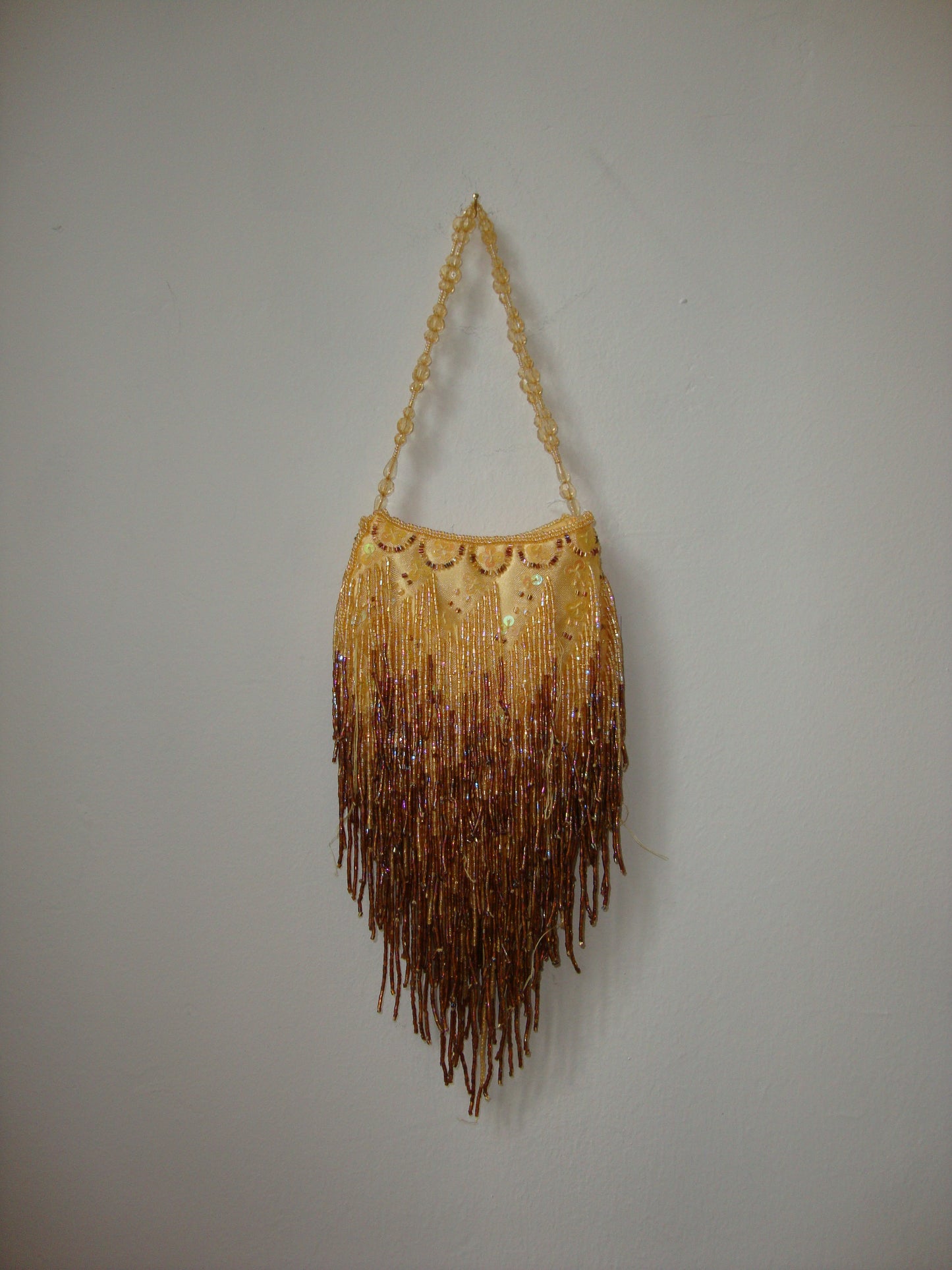 Gold and Tan Tassel Beaded Mini Bag